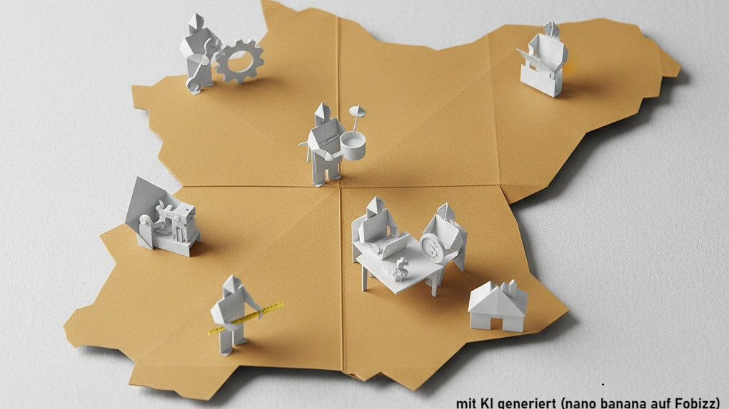 Die Grafik zeig eine Umrisskarte, auf der an verschiedenen Stellen kleine Strichmännchen passend zu den verschiedenen Wahlplichtfächern dargestellt sind.