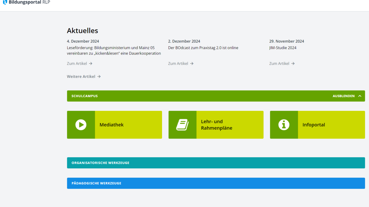 Screenshot der Startseite des Schulcampus im Bildungsportal RLP vor Anmeldung
