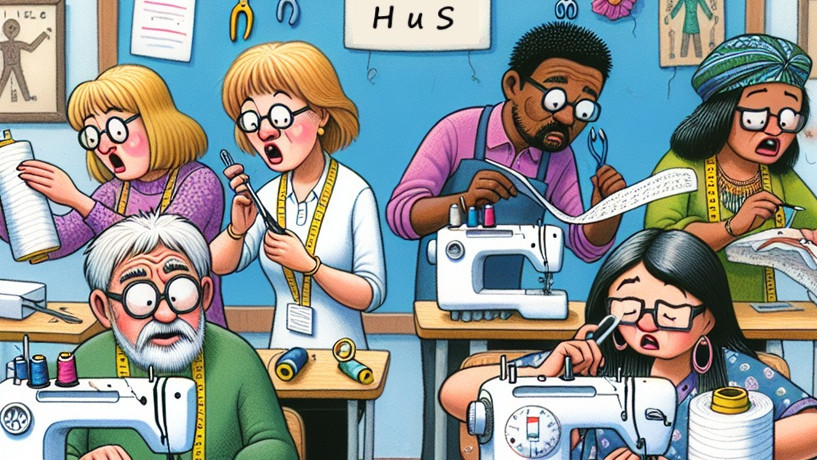 Das Bild zeigt einen Comic, der Lehrer darstellen soll, die in der Prüfung zum Nähmaschinen-Führerschein sind.