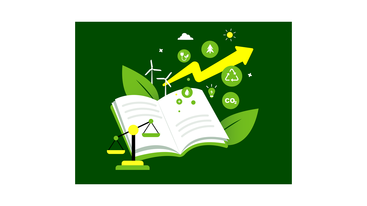 Illustration: ein offenes Buch mit weiteren BNE-bezogenen Icons drumherum
