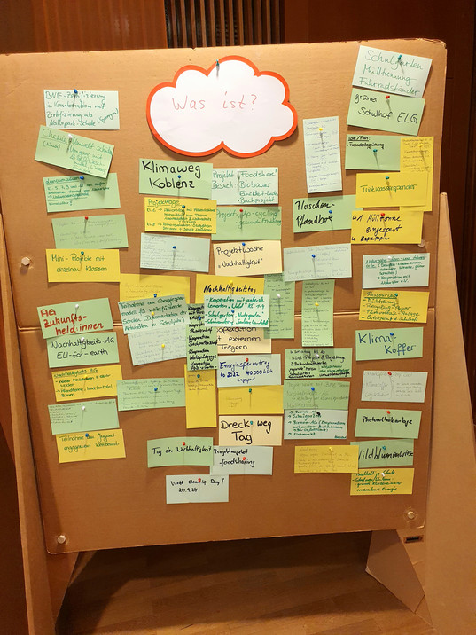Foto einer Pinwand voller Angaben von Schulen, welche Klimaschutz-Aktivitäten sie bereits unternehmen