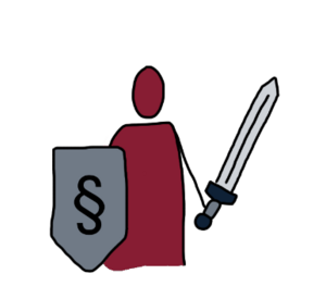 Figur mit einem Schild, auf dem das Symbol für Paragrafen abgebildet ist, und Schwert in der Hand