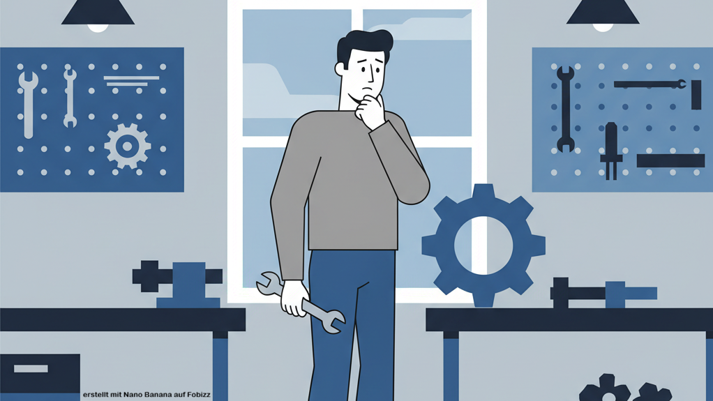 Die Grafik zeigt einen grübelnden Lehrer in einem Werkraum.