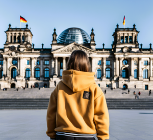 Mädchen steht vorm deutschen Reichstagsgebäude