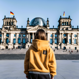 Mädchen steht vorm deutschen Reichstagsgebäude