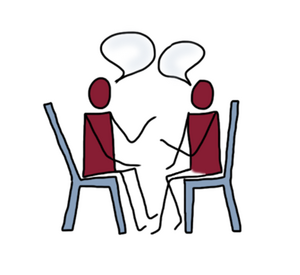 zwei gezeichnete Figuren, die auf Stühlen sitzen und sich unterhalten (Sprechblasen über den Köpfen)