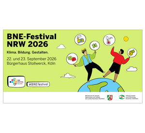 Illustrationsgrafik, welche die wichtigsten Angaben zum BNE-Festival NRW 2026 wiedergibt