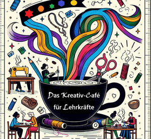 Symbolbild: Illustration Kaffeetasse, Bastelelemente wie Schere, Garn, Menschen am Tisch