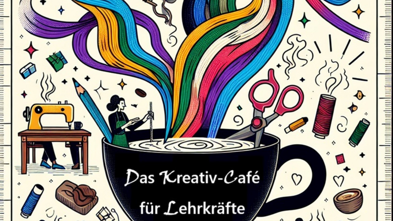 Symbolbild: Illustration Kaffeetasse, Bastelelemente wie Schere, Garn, Menschen am Tisch