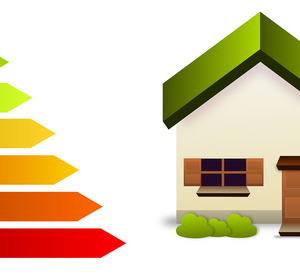 Die Energiestandards (A-G) von Gebäuden sind neben einem Haus zu sehen.