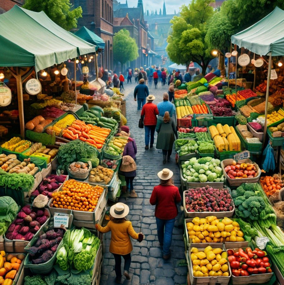 Illustration (KI): eine Gasse auf dem Wochenmarkt, gesäumt von Gemüseständen