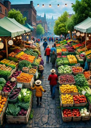 Illustration (KI): eine Gasse auf dem Wochenmarkt, gesäumt von Gemüseständen
