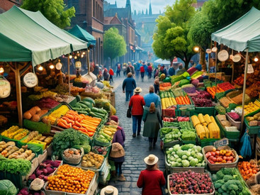 Illustration (KI): eine Gasse auf dem Wochenmarkt, gesäumt von Gemüseständen