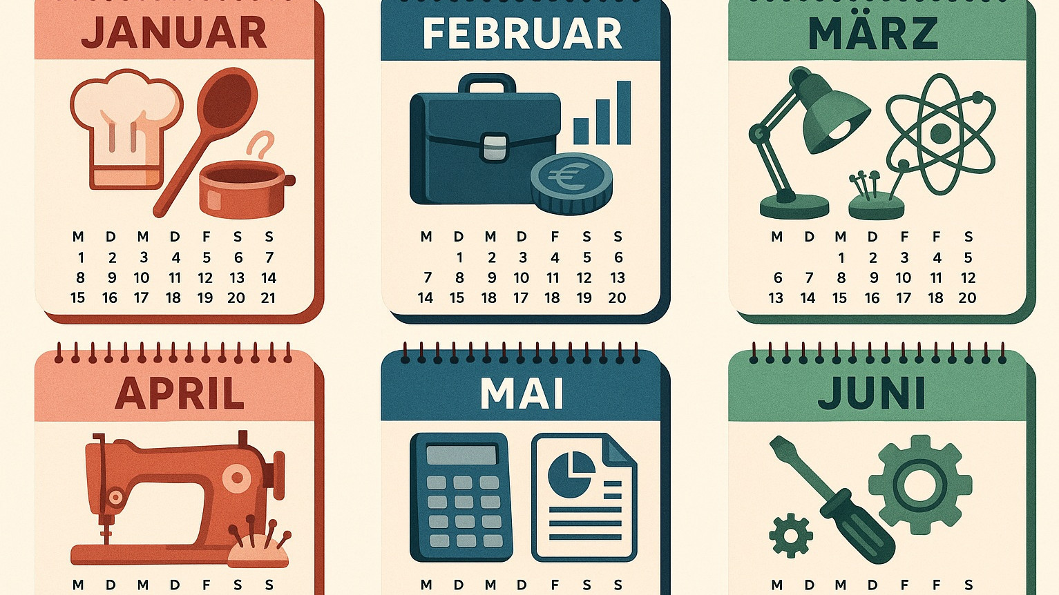 Das Bild zeigt die sechse Kalenderblätter von Januar bis Juni mit Motive aus den Wahlpflichtfächern.