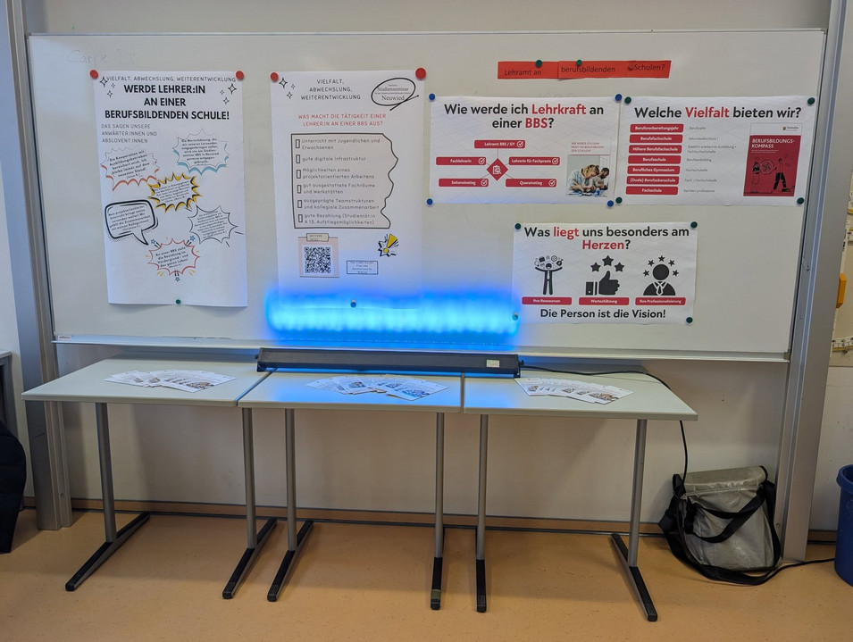 Infotafel des Studienseminars BBS Neuwied mit Informationen zu der Erwartungen an den Lehrberuf und Informationen zum Weg in den Lehrberuf. 