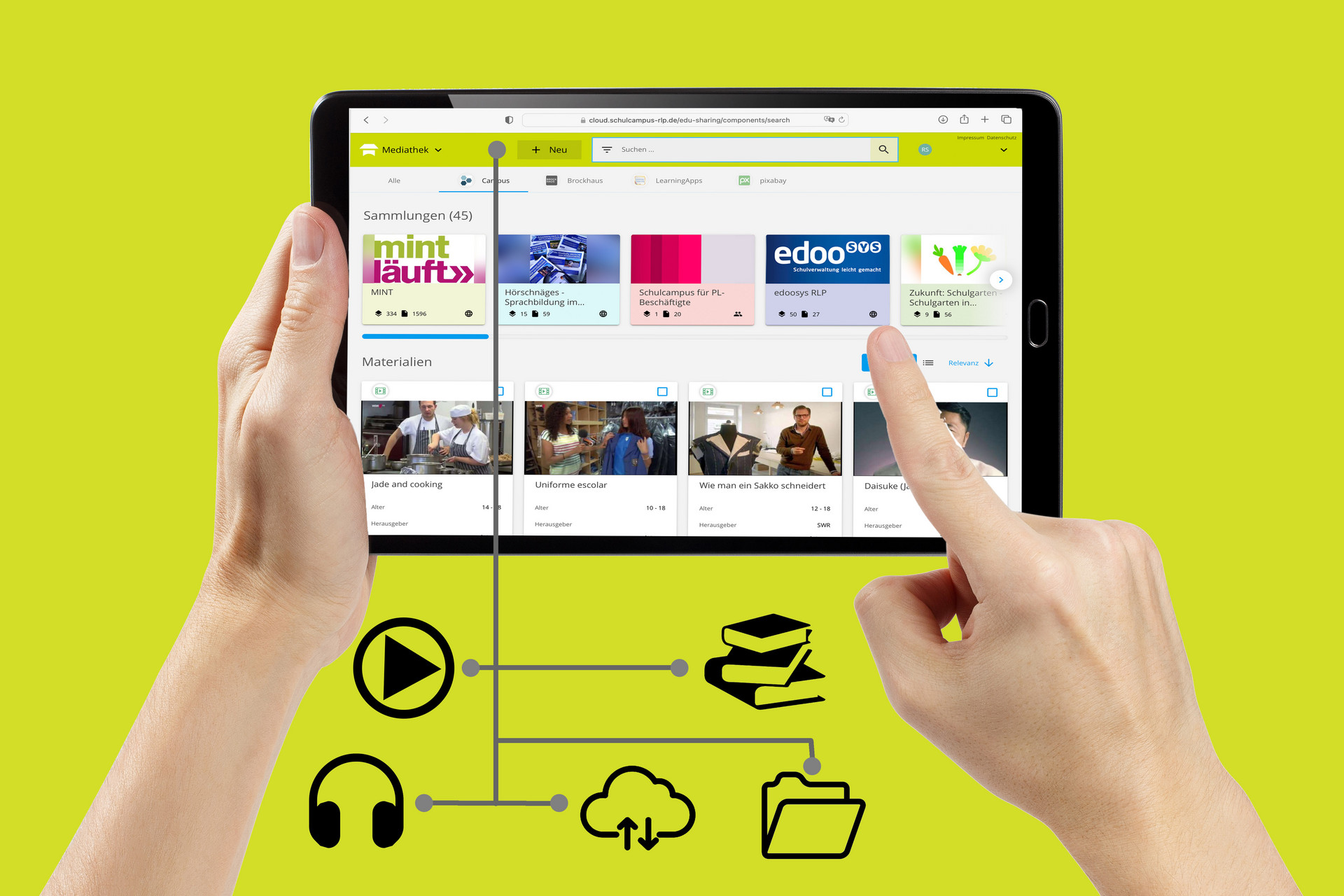 Tablet mit Internetseite Mediathek geöffnet, ein Finger zeigt auf die Inhalte, verschiedene Icons für Play, Kopfhörer, Daten etc.