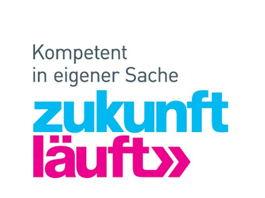 Logo Zukunft läuft, Zukunft ist in blautürkies, läuft ist in Magenta