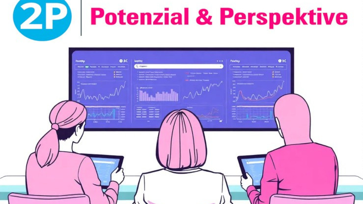 Das Bild zeigt Lehrkräfte, die  vor Bildschirmen mit vielen Daten sitzen. Darüber ist das Logo von "2P | Potential und Perspektiven" zu erkennen.
