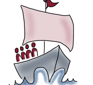 Zeichnung, bei der ein Schiff mit verschiedenen Personen drauf zu sehen ist