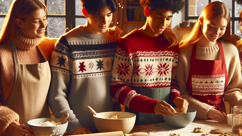 Das Bild zeigt eine Gruppe von Jugendlichen, die Weihnachtleckereien gemeinsam in einer Küche backen - erstellt mit KI.