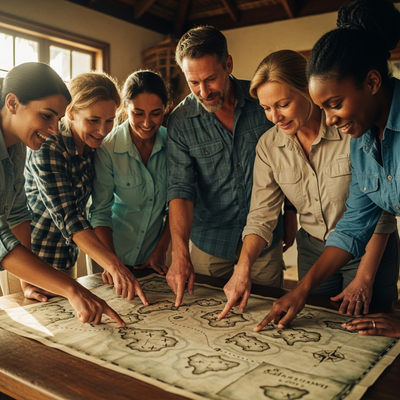 Erwachsene, die mit Ihren Fingern auf eine Schatzkarte zeigen.