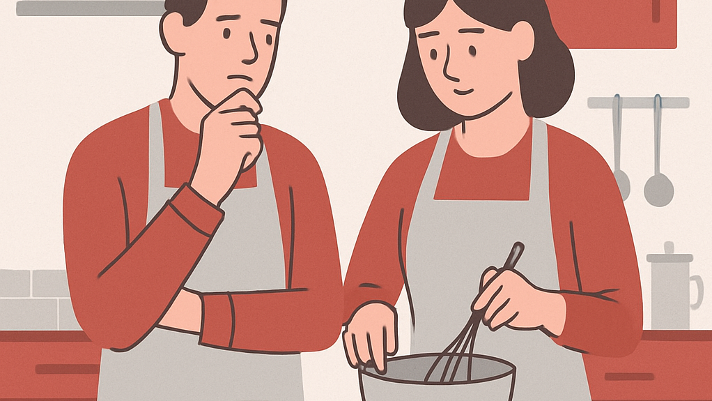 Die Grafik zeigt zwei Lehrkräfte, die zusammen Kochen und dabei ins Grübeln kommen. In der Ecke ist das Logo des Faches HuS.