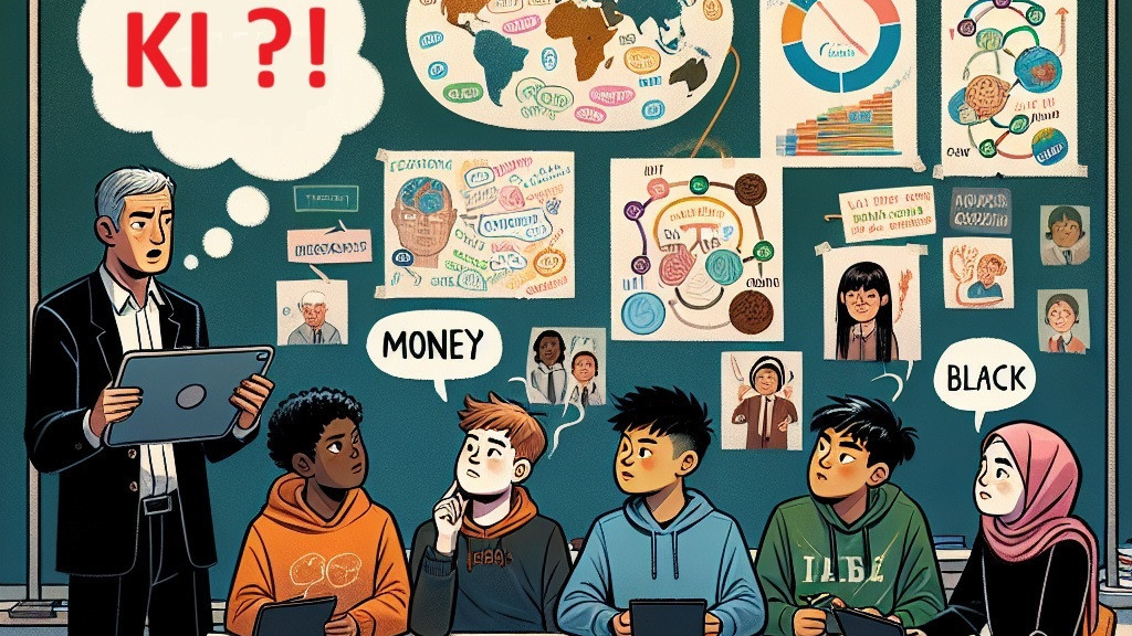 Das Bild zeigt eine Schülergruppe im Wirtschaftskunde-Unterricht und eine Lehrkraft mit der Denkblase "KI?!"