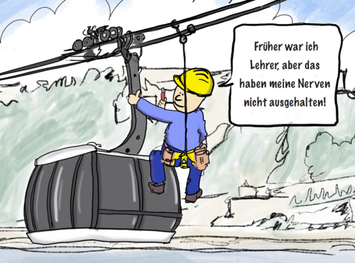 Karikatur mit einem Bauarbeiter, der in schwindelnder Höhe arbeitet (Künstler: Jon Fjeld Olsen)