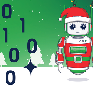 1 und 0 als Symbol für Programmiercodes, Roboterweihnachtsmann