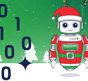 1 und 0 als Symbol für Programmiercodes, Roboterweihnachtsmann