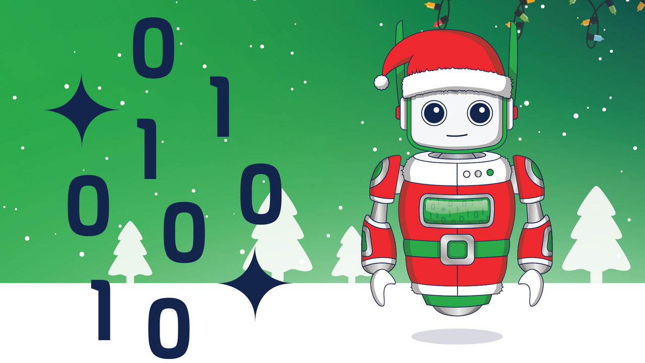 1 und 0 als Symbol für Programmiercodes, Roboterweihnachtsmann