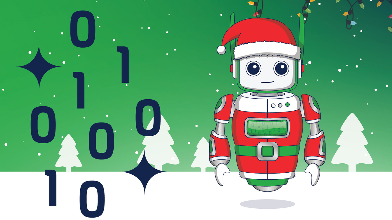 1 und 0 als Symbol für Programmiercodes, Roboterweihnachtsmann