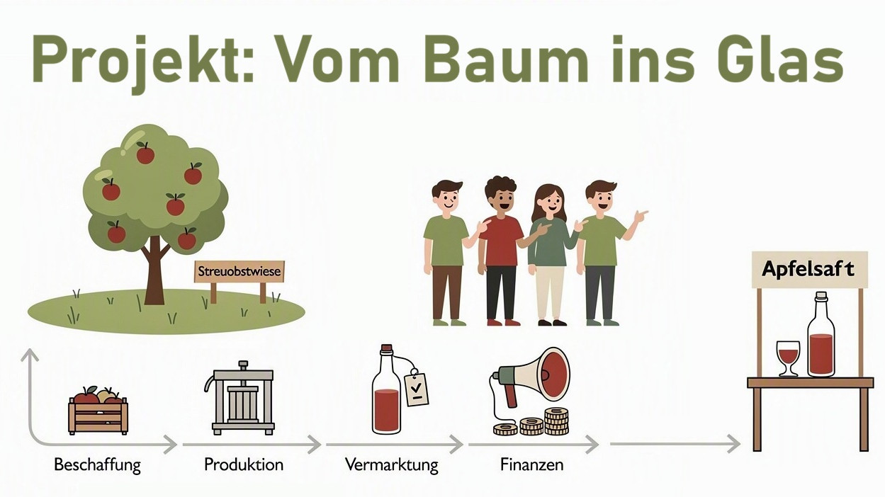 Das Bild zeigt als Verlaufsdiagramm den Weg von der Streuobstwiese bis zum fertigen Apfelsaft zum Verkauf als Schulprojekt.