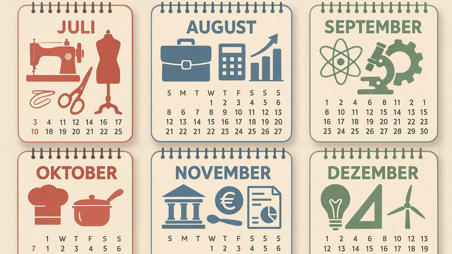 Das Bild zeigt die sechse Kalenderblätter von Juli bis Dezember mit Motive aus den Wahlpflichtfächern.