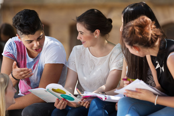 Foto mit vier Jugendlichen, die eine Lektüre in den Händen halten und sich austauschen. Außerdem Verlinkung zur Homepage der Bundesinitiative Schule macht stark.