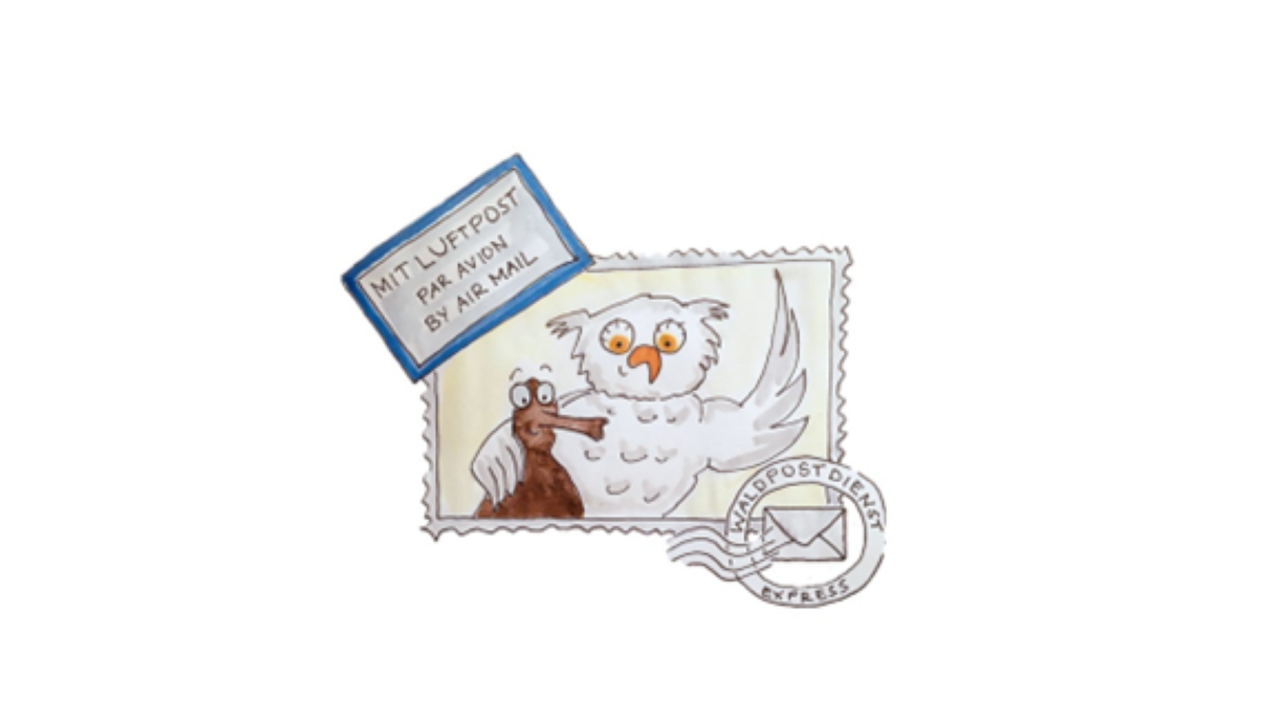 Briefmarke mit Eule und Maulwurf