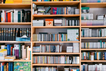 Auf dem Bild sieht man ein Bücherregal mit vielen Büchern und Boxen. Die Bücher sind in verschiedenen Farben und Größen.