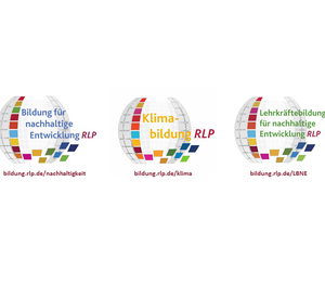 Illustration: die drei Logos von Bildung für nachhaltige Entwicklung, Klimabildung und Lehrkräftebildung für nachhaltige Entwicklung nebeneinander
