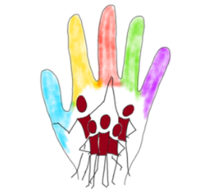 gezeichnete Hand mit bunten Fingern mit Figuren, die sich ein High Five geben