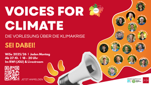 Voices-for-Climate-Werbefolie mit Titel, Terminen und Porträtfotos von Dozierenden