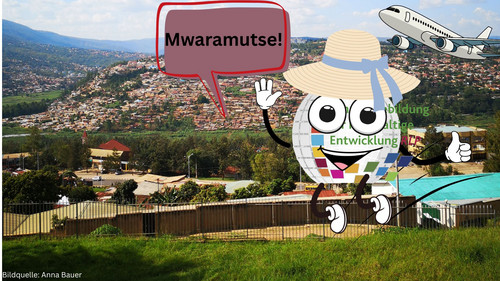 Illustration: Foto einer Stadt in Ruanda mit LBNE-Logo darüber