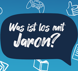 Die Frage "Was ist los mit Jaron?" geschrieben in weißer Schrift in dunkelblauer Sprechblase auf hellblauem Hintergrund.