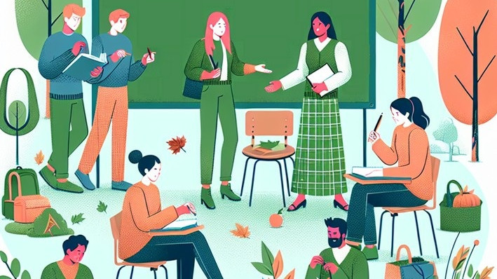 Das Bild zeigt ein grünes Klassenzimmer im Herbst mit Lehrkräften, die sch mit den Themen Kleidung und Ernährung beschäftigen.