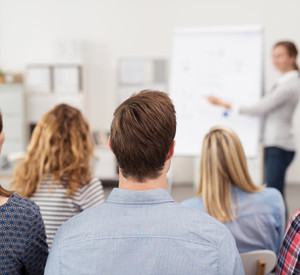 Foto einer Frau, die einen einen Vortrag am Flipchart vor einer Gruppe erwachsener Personen hält.