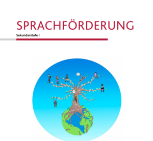 Titelbild Broschüre mit Weltkugel und darauf wachsendem Baum mit Sprach-Ästen als Illustration
