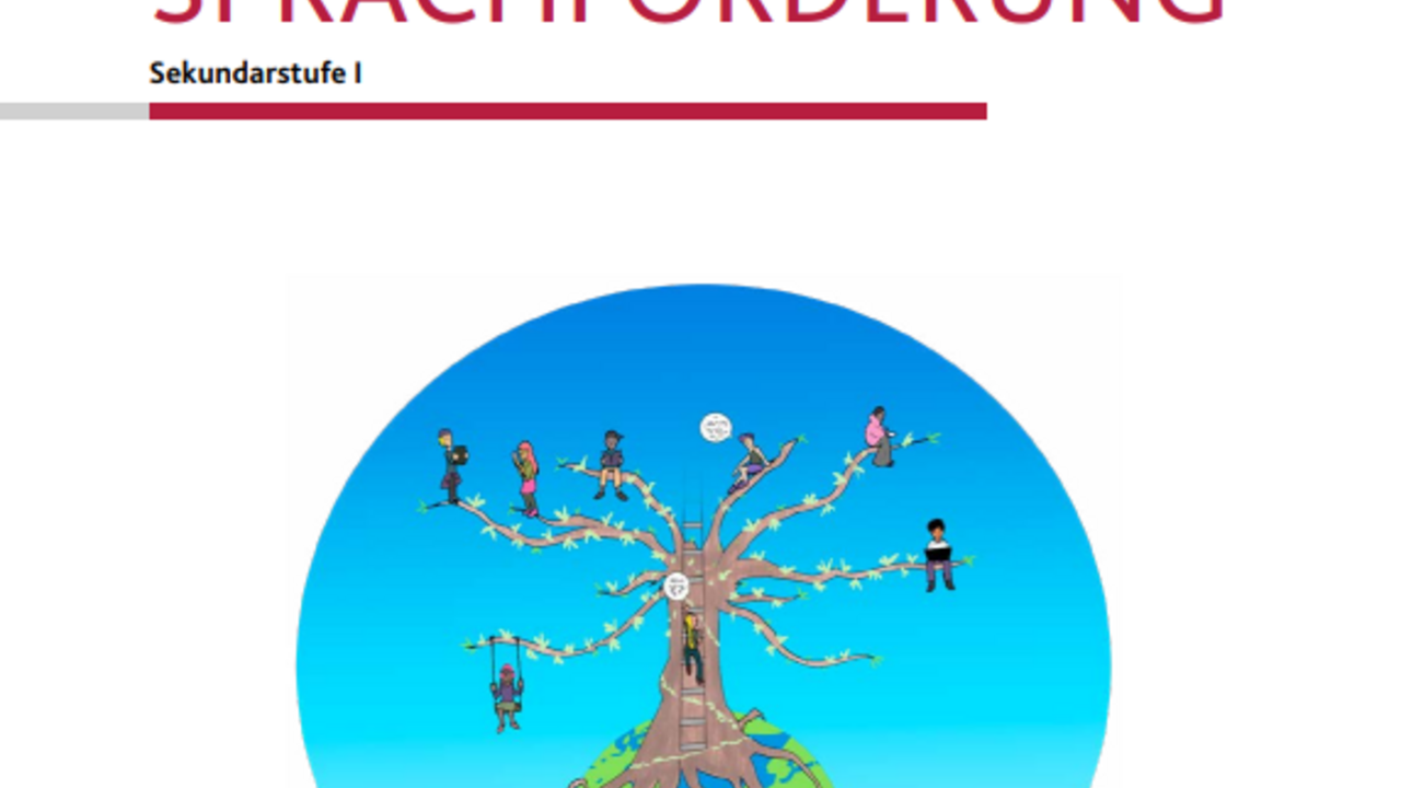 Titelbild Broschüre mit Weltkugel und darauf wachsendem Baum mit Sprach-Ästen als Illustration
