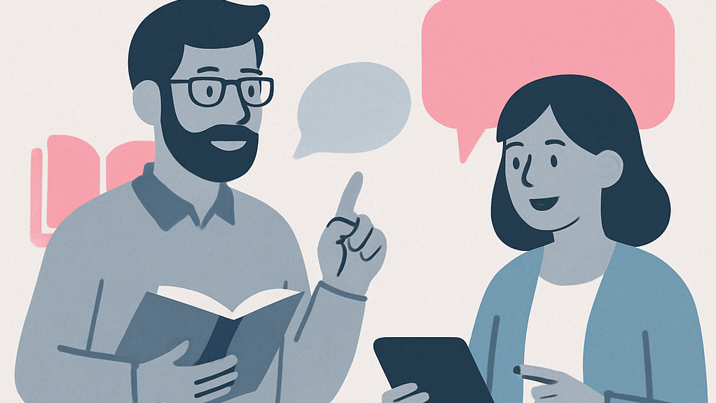 Die Grafik zeigt zwei Lehrkräfte mit Buch und Laptop, die zwei Schulkinder unterrichten. Das Thema ist Lesen und Sprechen.