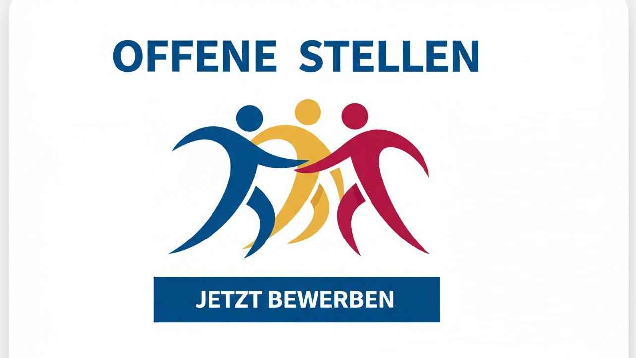 Die Grafik zeigt den Schriftzug "offene Stellen" und "jetzt bewerben" sowie stilisiert drei Menschen, die zusammenarbeiten.