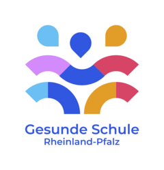 Grafik Gesunde Schule Logo: bunte Wellen und Sprechblasen. Außerdem Verlinkung auf die Homepage zum Landesprogramm Gesunde Schule.