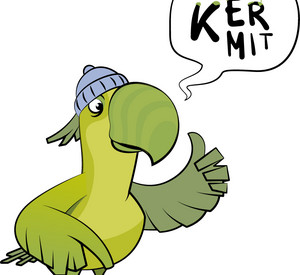 grüner Kakadoo mit Sprechblase KERMIT